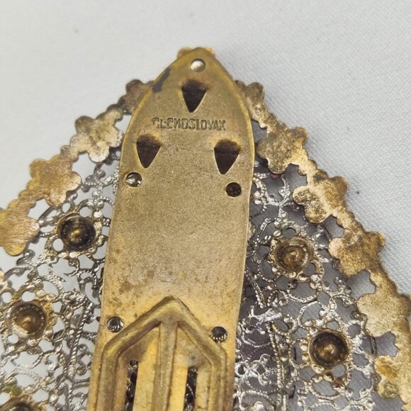 1920's Filigree, Rhinestone & Purple Enamel Flower Fur Clip from Czechoslovakia - Picture 6 of 7